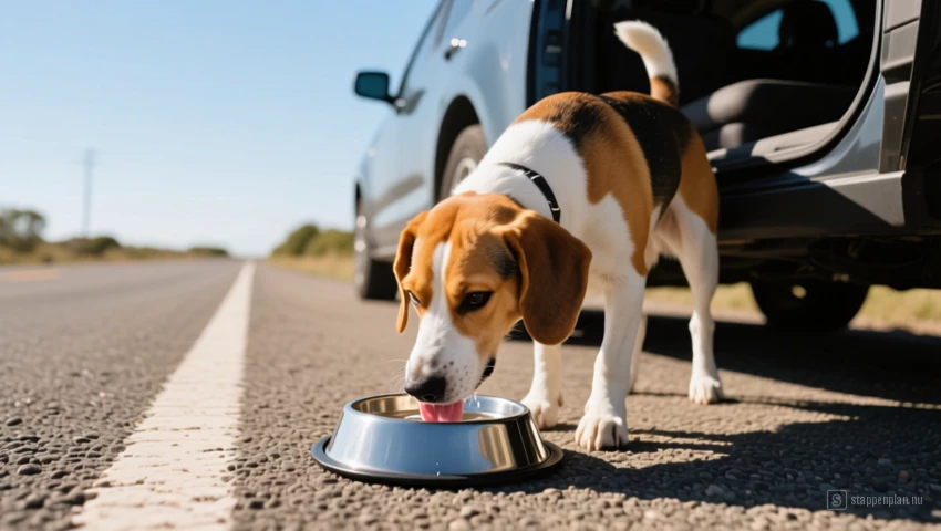 Hond drinkt water uit een bak tijdens een roadtrip.