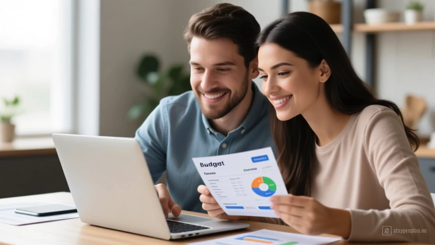 Een koppel dat naar een laptop kijkt en reiskosten beoordeelt.