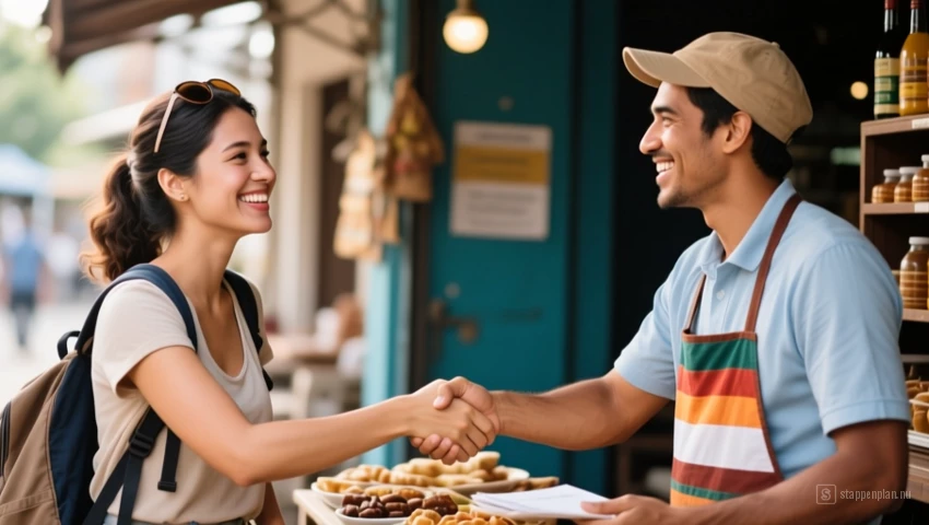 Toerist en verkoper die glimlachen en elkaar de hand schudden na een onderhandeling.