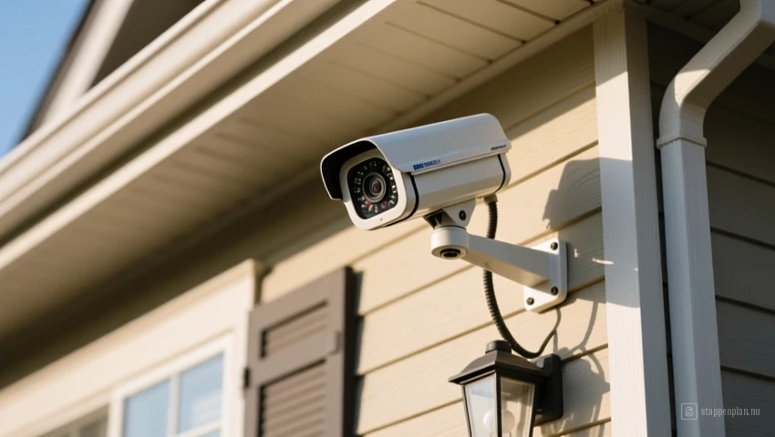 Een beveiligingscamera die het exterieur van een huis in de gaten houdt.