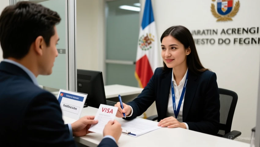 Een persoon die een visum aanvraagt bij een ambassade.