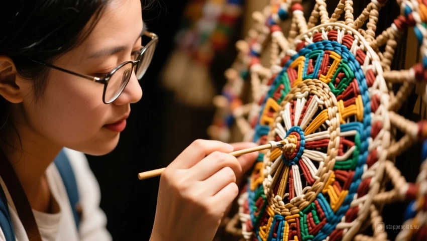 Close-up van een toerist die de details van een handgemaakt product inspecteert.