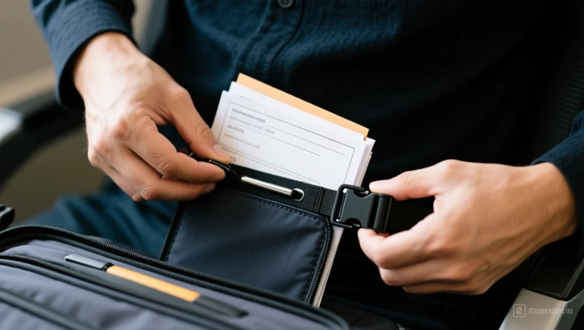 Persoon die een reisgordel met documenten vastmaakt.