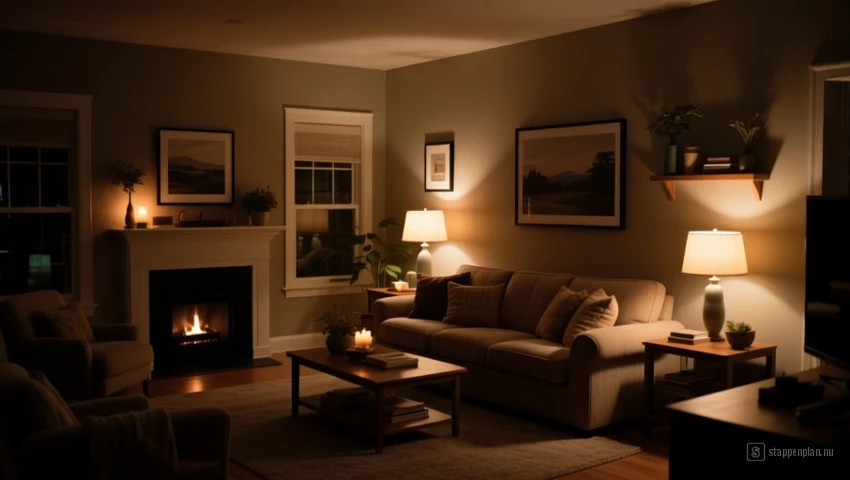 Een gezellige woonkamer met gedimd licht.