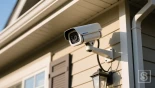 Een beveiligingscamera die het exterieur van een huis in de gaten houdt.