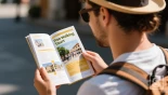 Een toerist die een reisgids leest met informatie over gratis wandeltochten.