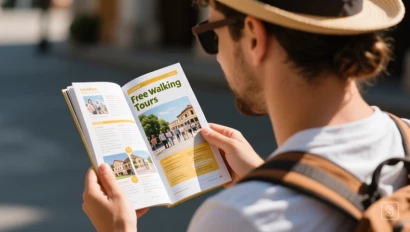 Een toerist die een reisgids leest met informatie over gratis wandeltochten.