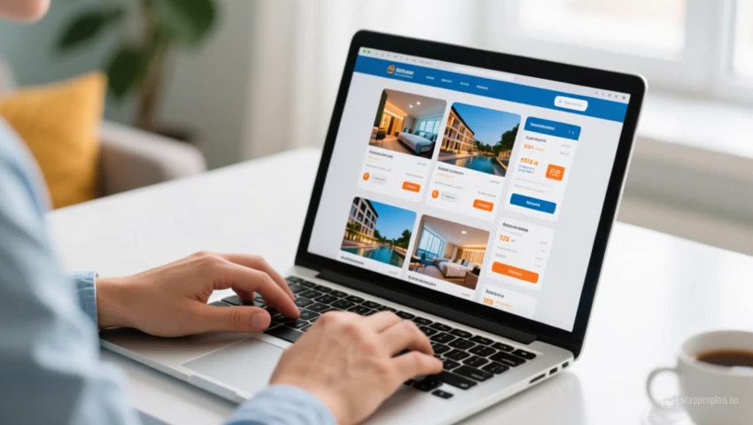 Een persoon die een laptop gebruikt om hotelprijzen op verschillende websites te vergelijken.