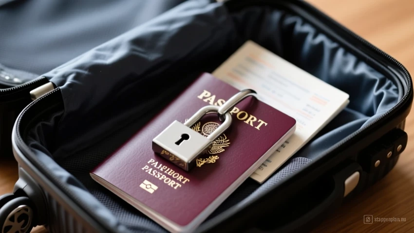 Gesloten koffer met een paspoort zichtbaar.