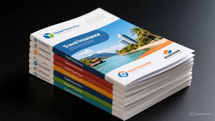 Stapel van brochures van verschillende reisverzekeraars.