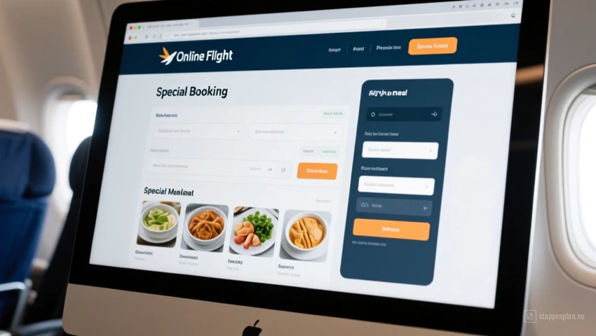Een computerscherm waarop een online vluchtboekingsformulier te zien is met de optie voor speciale maaltijden.