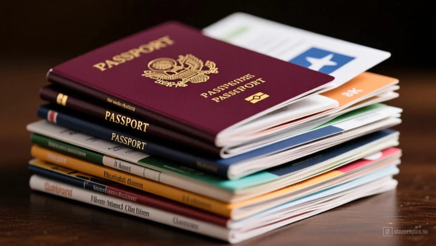 Stapel paspoorten en reisdocumenten netjes gerangschikt.
