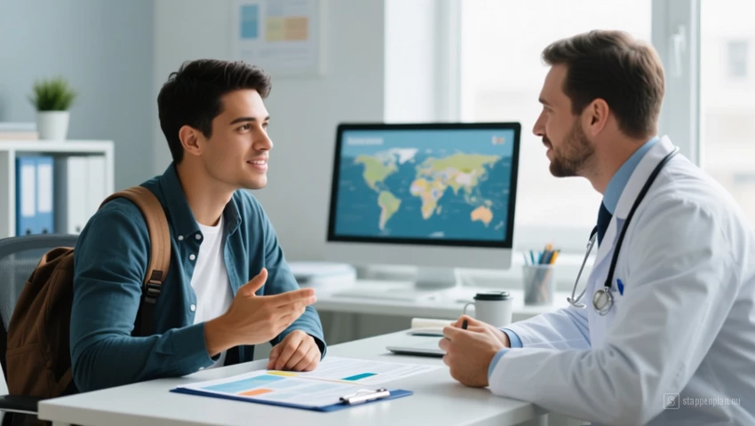 Persoon bespreekt reisplannen met arts.