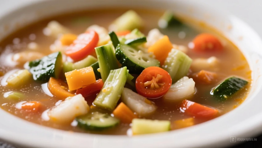 Close-up van een heerlijke soep gemaakt met overgebleven groenten.