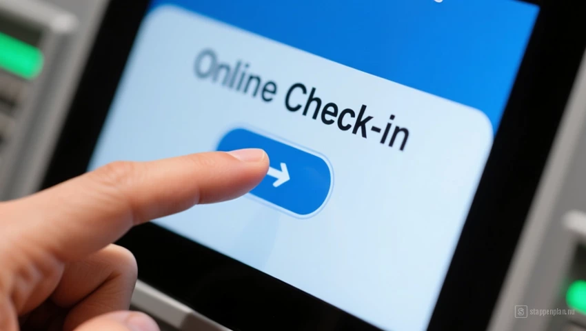 Een persoon die met zijn vinger over de knop 'Online Inchecken' op een touchscreen zweeft.