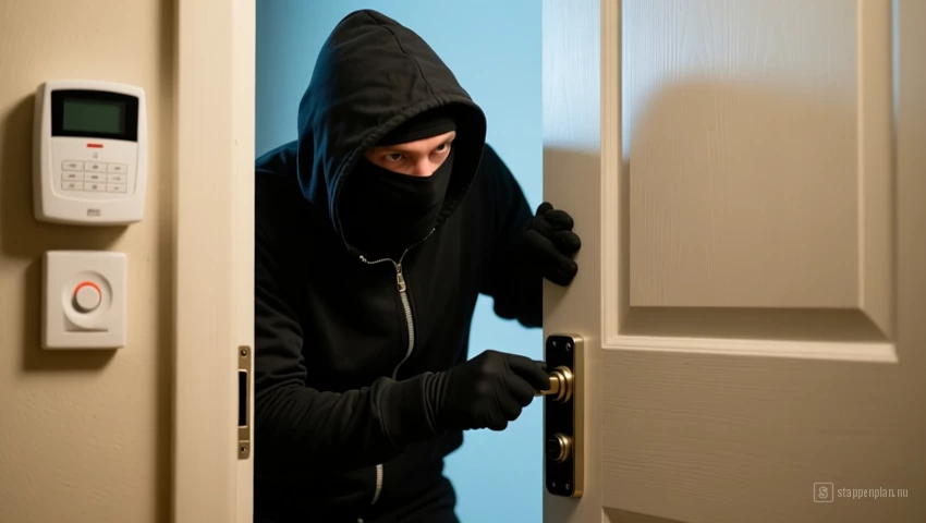 Een inbreker probeert een deur te forceren, beveiligingssysteem zichtbaar.