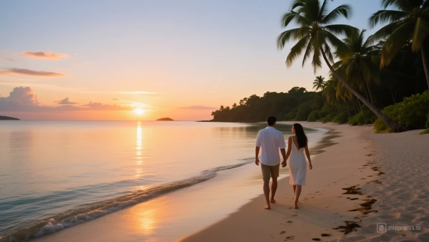 Zonsondergang boven een tropisch strand.