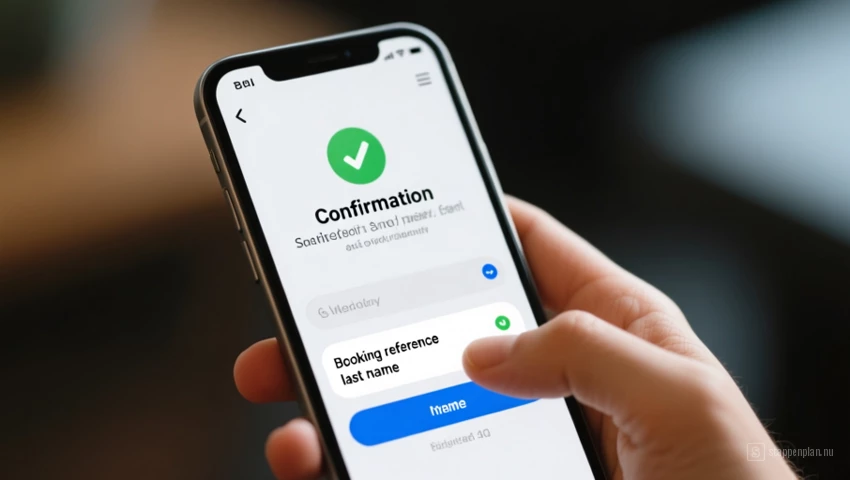 Een mobiele telefoon die een bevestigingsbericht toont nadat de boekingsreferentie en achternaam succesvol zijn ingevoerd.