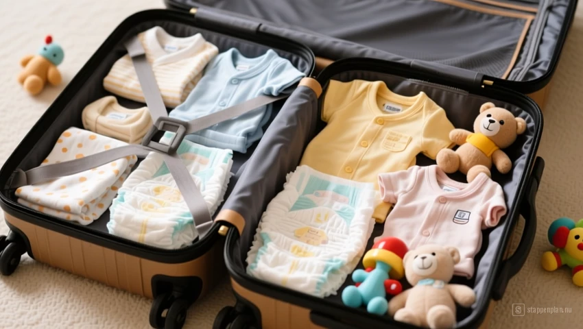 Koffer gevuld met babykleding, luiers en speelgoed.