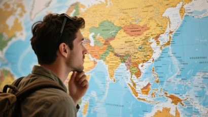Een reiziger die naar een wereldkaart kijkt en Zuidoost-Azië markeert.