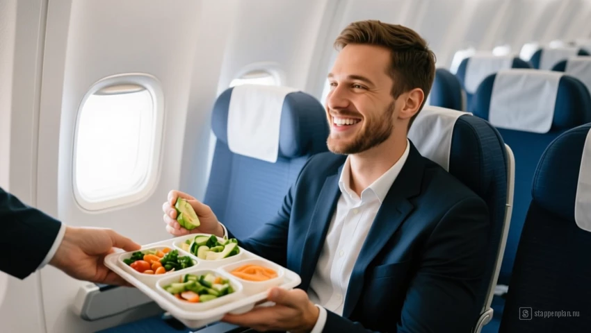 Een passagier die glimlacht terwijl hij zijn vegetarische maaltijd ontvangt tijdens een vlucht.