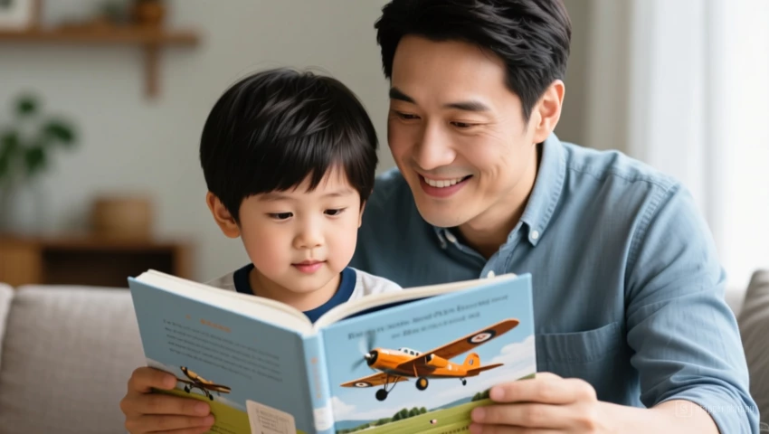 Een kind kijkt met een ouder naar een boek over vliegtuigen.