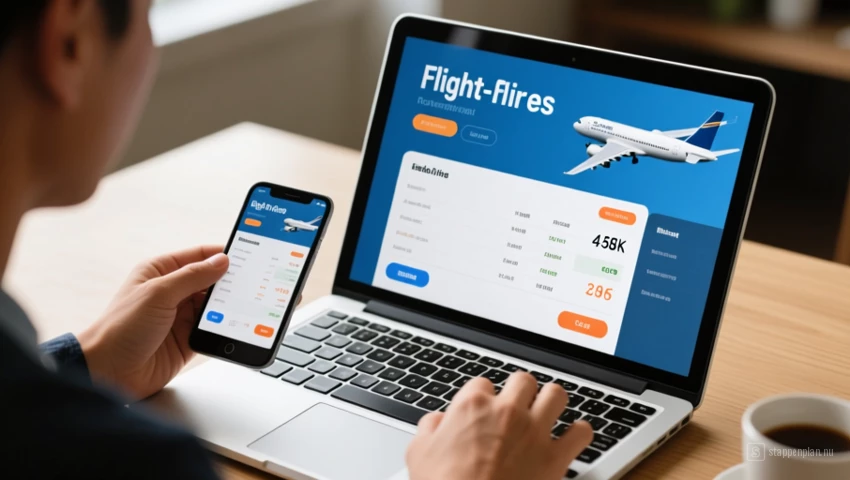 Een persoon die vluchtprijzen vergelijkt op een laptop.