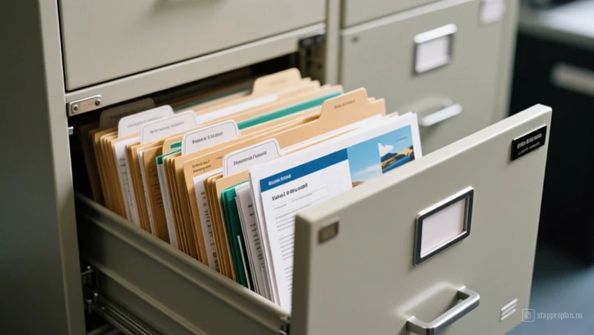 Fysieke archiefkast met gelabelde mappen met reisdocumenten.