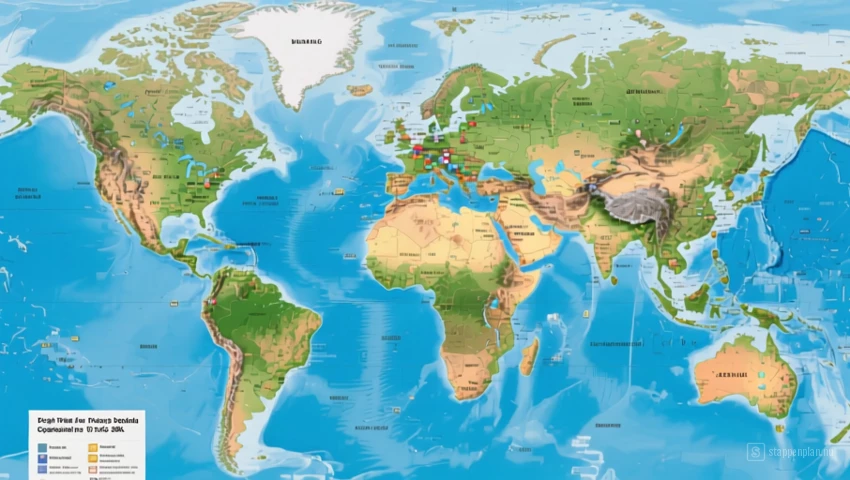 Een wereldkaart met minder bezochte bestemmingen met lagere reiskosten gemarkeerd.