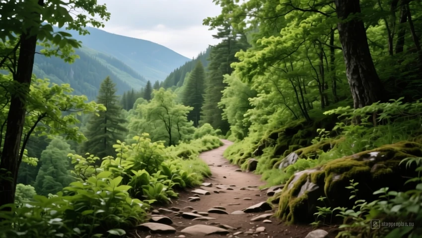 Een schilderachtige wandelroute in een nationaal park, met weelderige vegetatie.