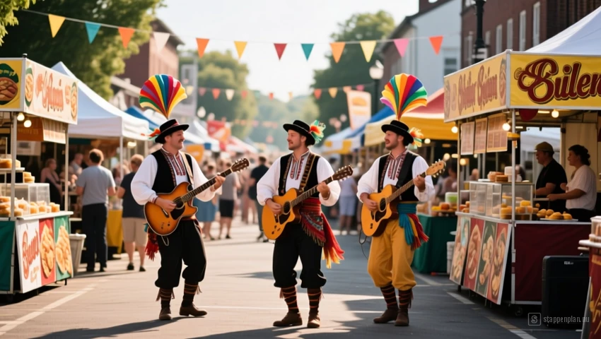 Een lokaal festival met straatartiesten en kraampjes.