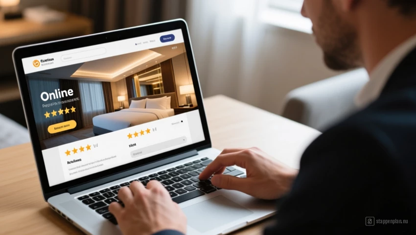 Een persoon die online recensies van een hotel op een laptop leest.