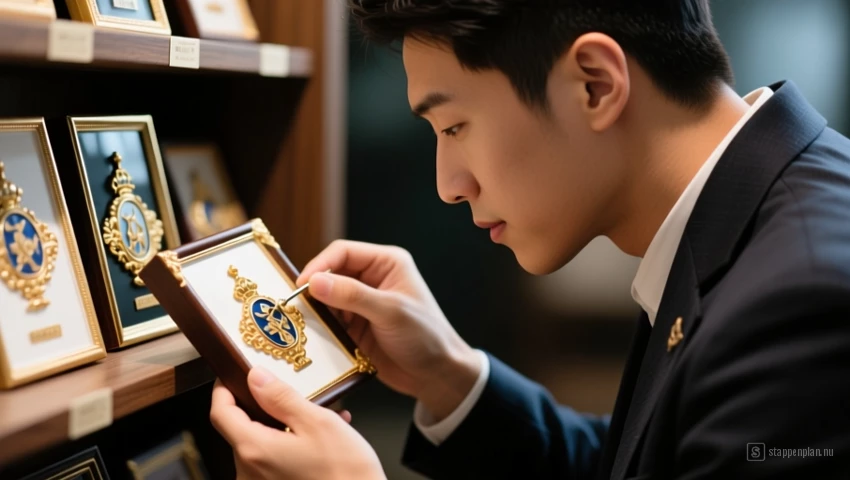 Persoon inspecteert zorgvuldig een souvenir op kwaliteit.