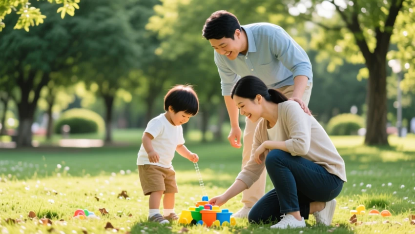 Kind dat een park verkent met zijn ouders en nieuwe dingen ontdekt.
