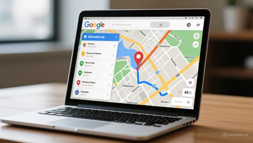 Laptop met Google Maps en alternatieve route opties.