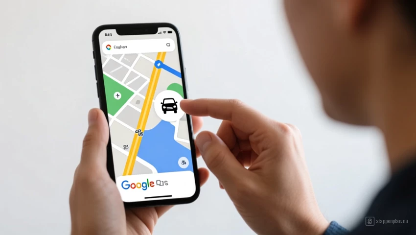 Persoon selecteert het 'auto' icoon in Google Maps om een autoroute te plannen.