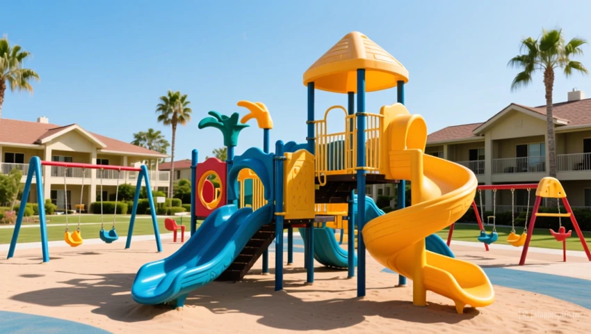 Speeltuin bij een resort met verschillende glijbanen en schommels.