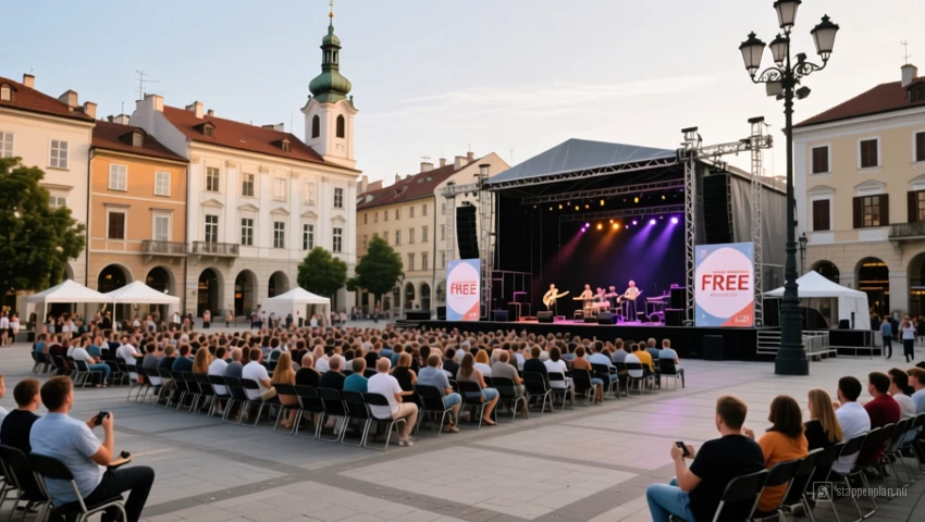 Een openbaar plein met een gratis concert of evenement.