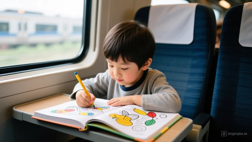 Kind dat een kleurplaat inkleurt tijdens een treinreis.
