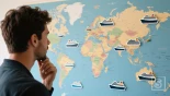 Persoon die nadenkt over mogelijke cruise bestemmingen op een wereldkaart.
