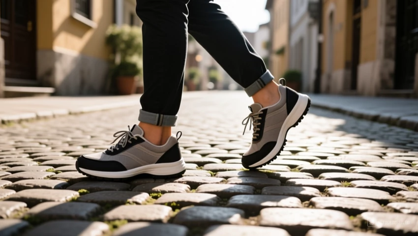 Iemand die comfortabele wandelschoenen draagt op een kasseienstraat.