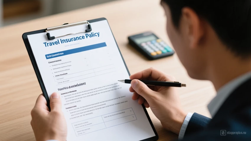 Persoon die de algemene voorwaarden van een reisverzekering bekijkt, met aandacht voor het eigen risico.