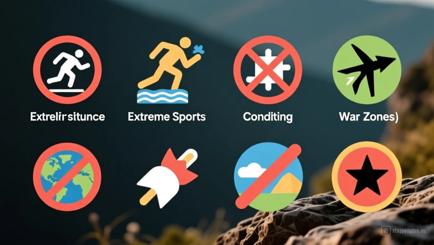 Pictogrammen die veelvoorkomende uitsluitingen van reisverzekeringen weergeven.