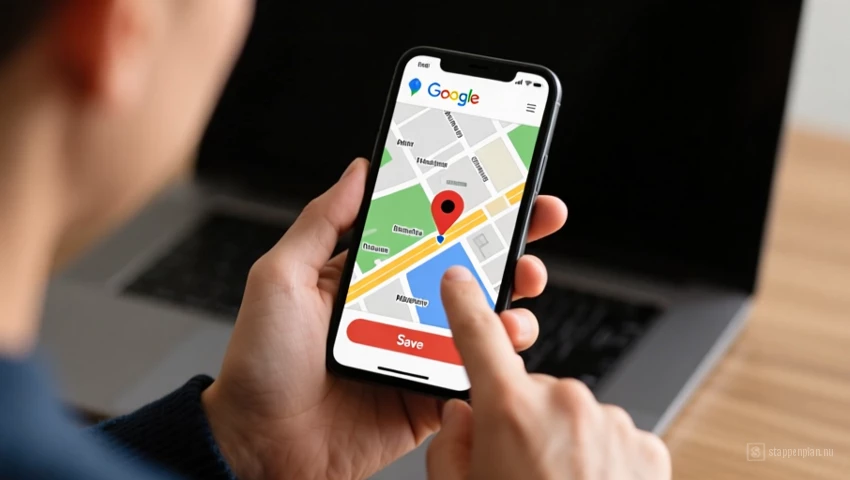 Persoon klikt op de 'Opslaan' knop in Google Maps om een route op te slaan.