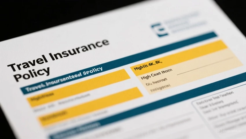 Close-up van een reisverzekeringsdocument met gemarkeerde secties.