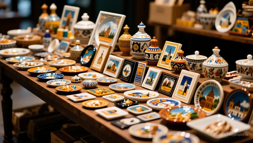 Een tafel gevuld met verschillende souvenirs, klaar voor een bulk aankoop.