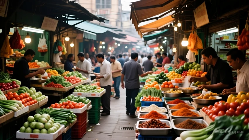 Een drukke lokale markt met verse producten, kruiden en straatvoedsel.