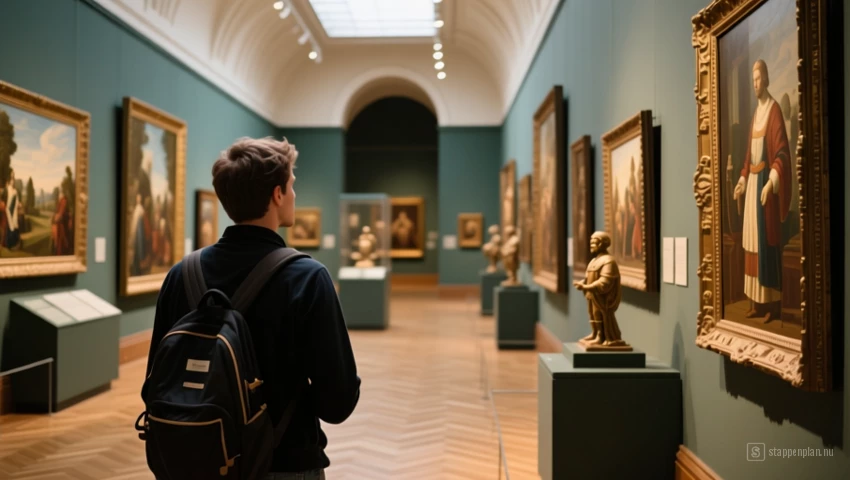 Een persoon die een historisch museum bezoekt.