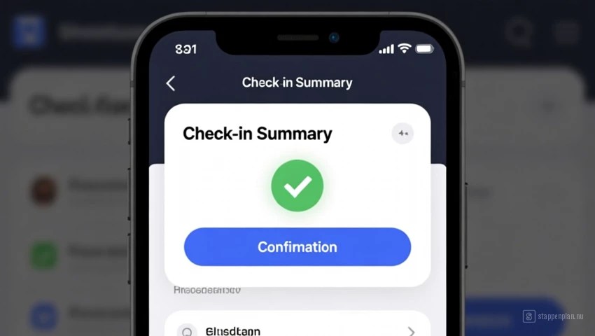 Een screenshot van een inchecksamenvatting met een bevestigingsknop gemarkeerd.