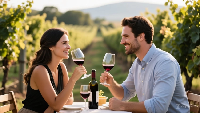 Een koppel dat wijn proeft in een wijngaard.